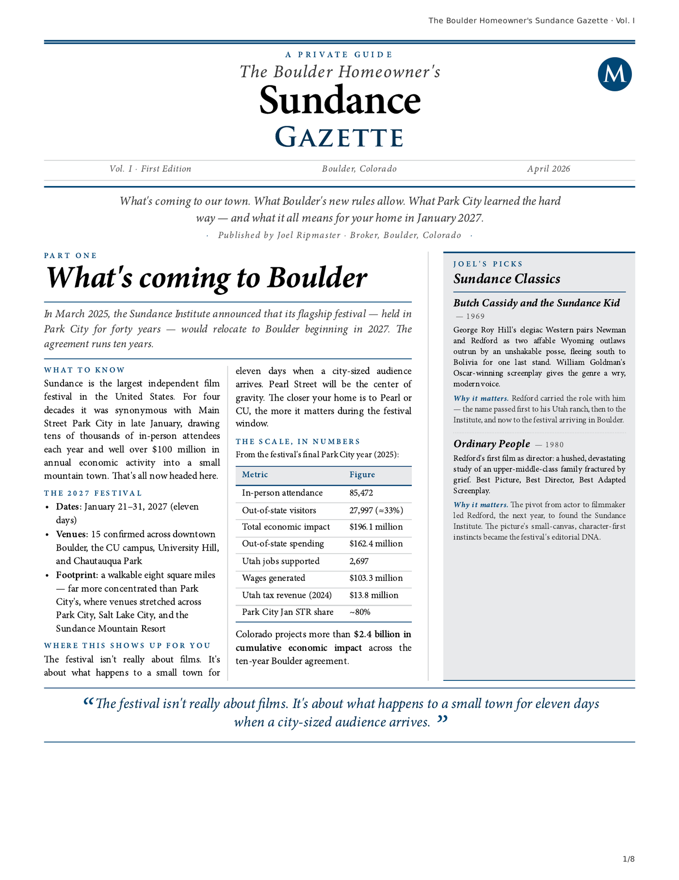 Cover of the Boulder Homeowner's Sundance Gazette, Vol I